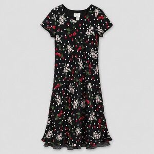 Y2K Dress-U Cherry Fruit Dress 7/8 Sm Black Polka Dot Retro Bias Coquette Kitsch